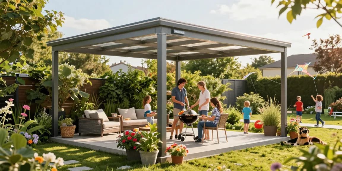 Freistehende Terrassenüberdachung mit Familie beim Grillen im Garten.