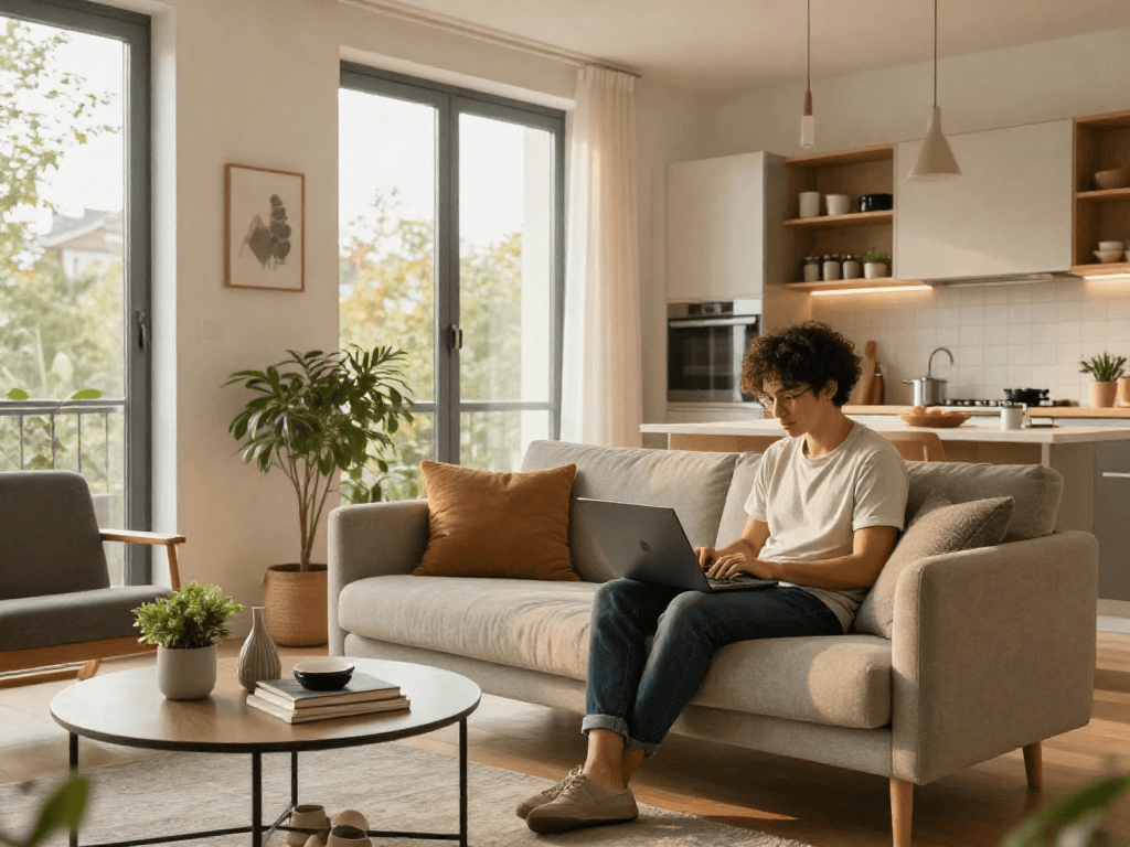 Monteurzimmer mieten Hannover - modernes Apartment mit Küchenzeile und gemütlicher Sitzecke.