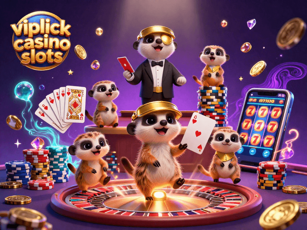 Erleben Sie VIPLuck Casino Slots mit einer lustigen Gruppe von Erdmännchen, die in einem Casino interagieren.