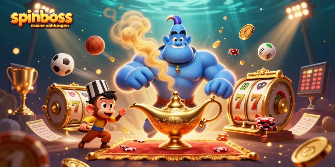 Erleben Sie SpinBoss Casino Zahlungen in Aktion: Ein zauberhaftes Spielumfeld mit Genie und Glückssymbolen.