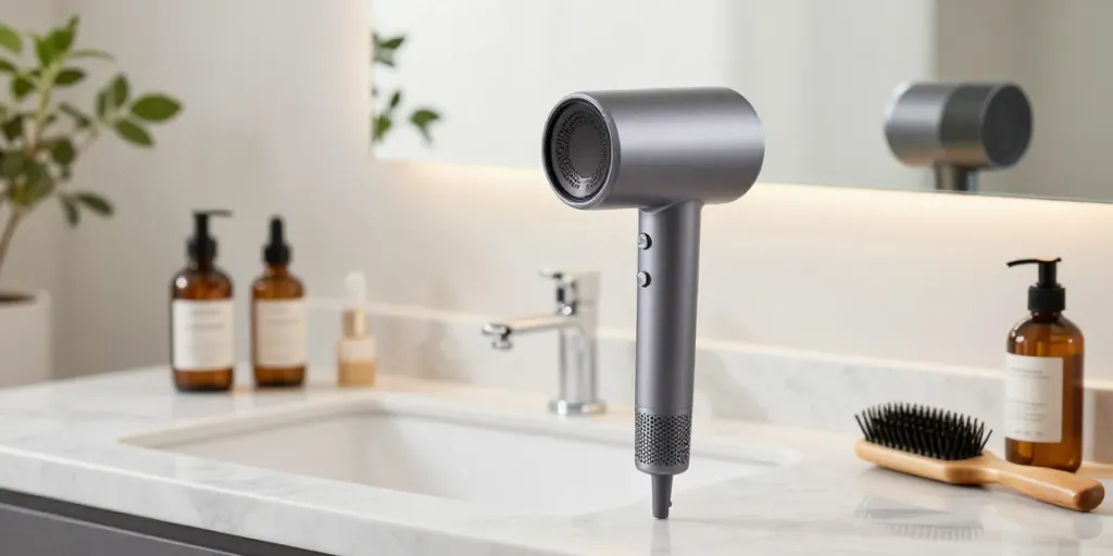 Moderne Styling-Umgebung mit Ionen Haartrockner und Haarpflegeprodukten.