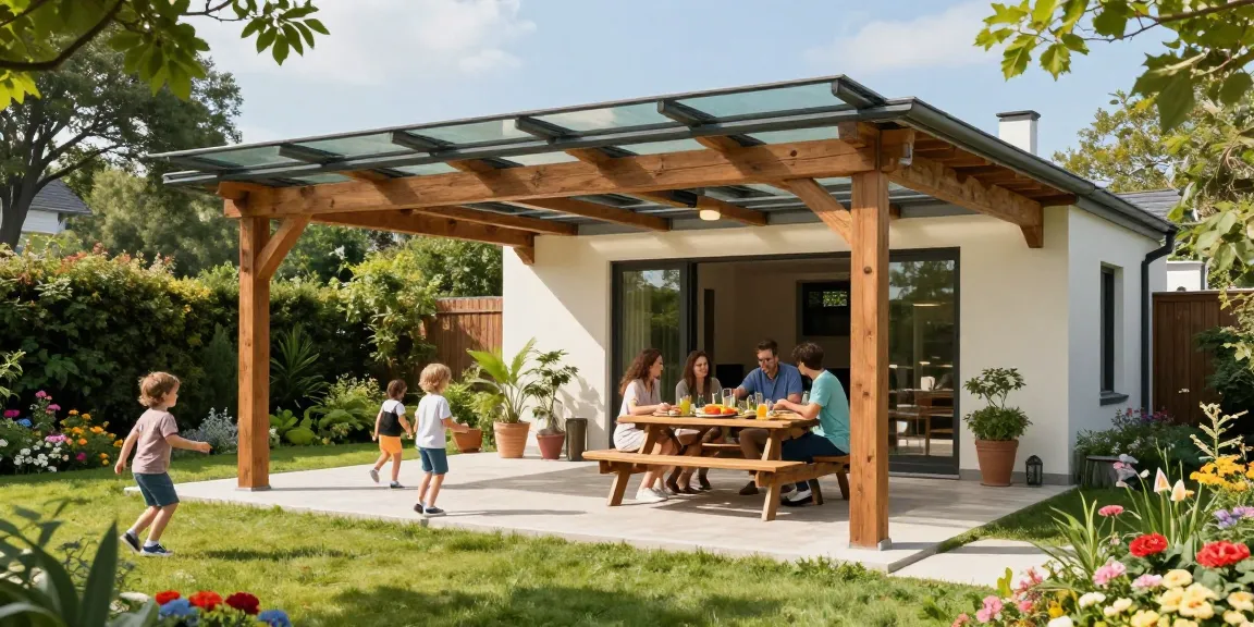 Terrassenüberdachung freistehend in einem schönen Garten mit Familie, die im Freien genießt