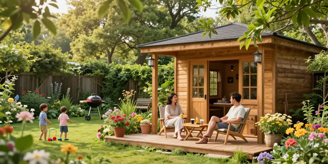 Schöner Garten mit einem stabilen Gartenhaus und entspannten Menschen im Freien.