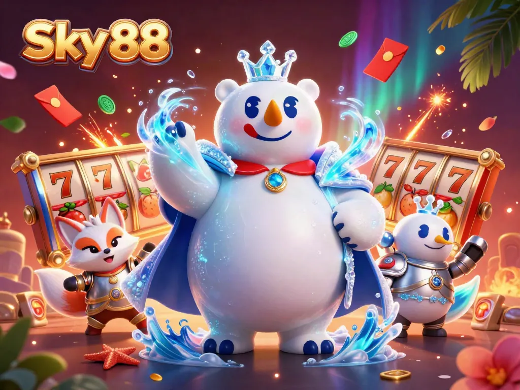 Experience thrilling wins with Sky 88's vibrant scene of winning slot games and character interactions.