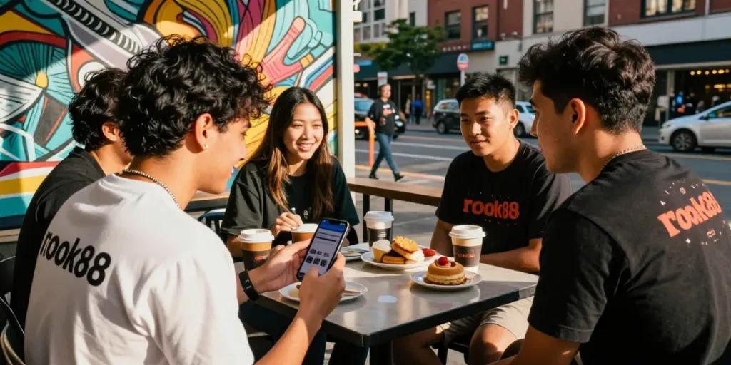 Friends enjoying coffee and conversation in trendy urban setting, showcasing rokok88 brand attire