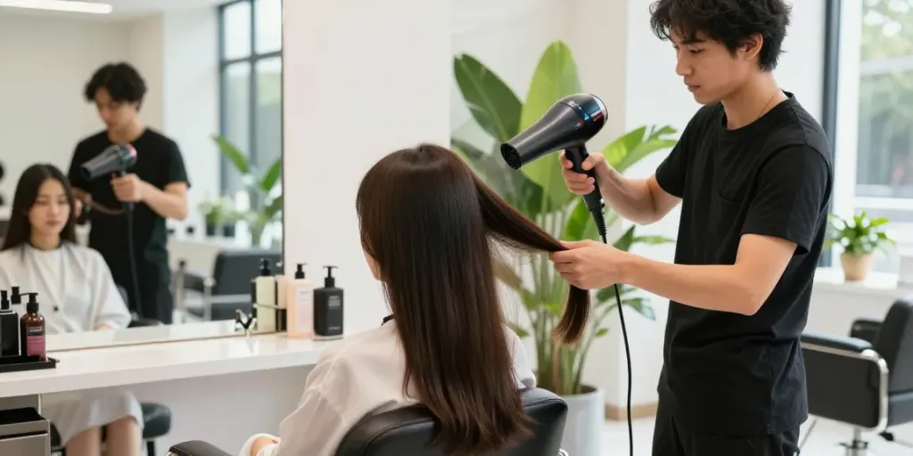 Professionelle Anwendung eines Ionen Föhns im modernen Salon für gesundes, glänzendes Haar.