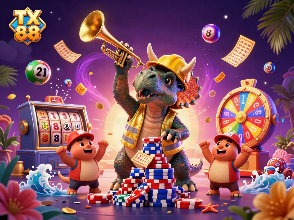 Engage with TX 88 as a triceratops builds poker chip towers amidst a vibrant casino scene.