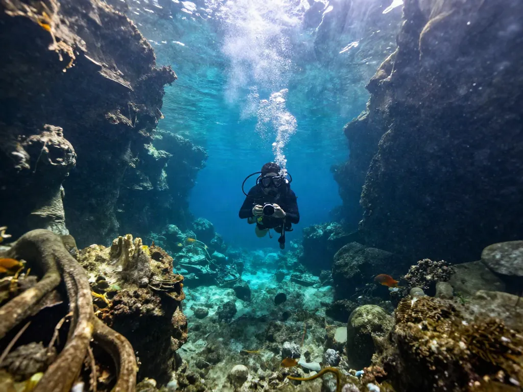 Taucher in Cenote El Pit, umgeben von Haloklinien und geheimnisvollen Lichtstrahlen, die die Wasseroberfläche durchdringen.