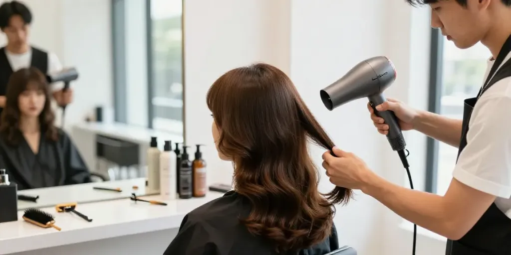 Haartrockner Laifen Air Pro im Einsatz in einem modernen Friseursalon mit stilvoll erzielten Haaren