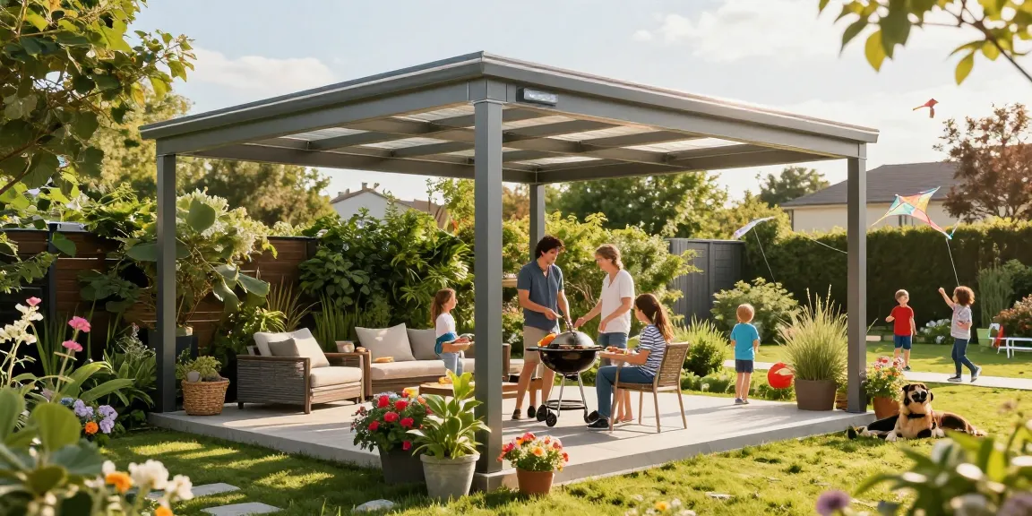 Freistehende Terrassenüberdachung mit Familie beim Grillen im Garten.