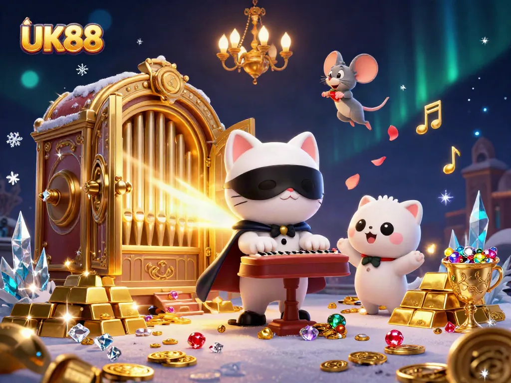 Experience immersive gaming at UK88 with a dynamic casino scene featuring a phantom cat and mouse acrobat.