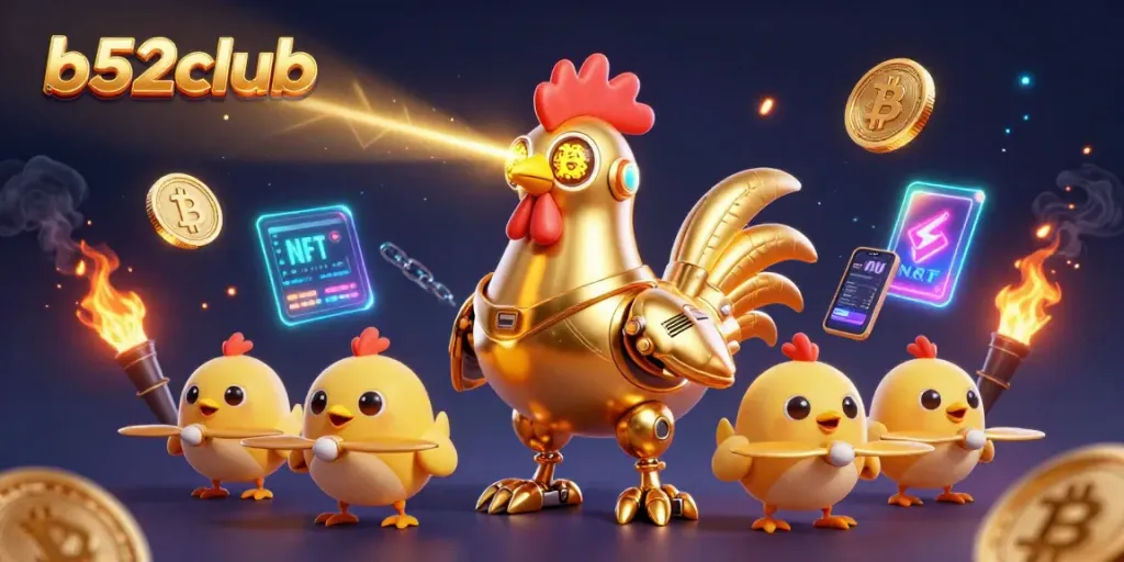 Engage in vibrant gameplay at b52club with dynamic 3D illustration showcasing crypto-themed casino elements.
