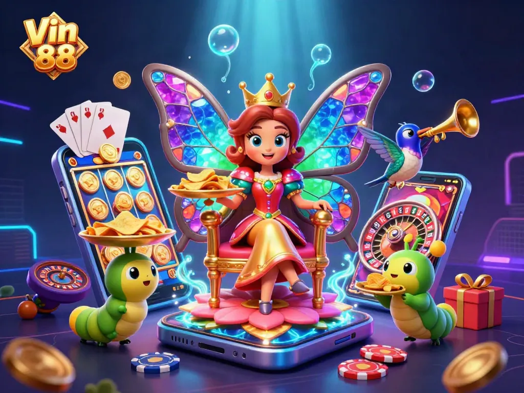 Spin and win at Vin 88 with our vibrant 3D casino scene featuring exciting games and colorful characters.
