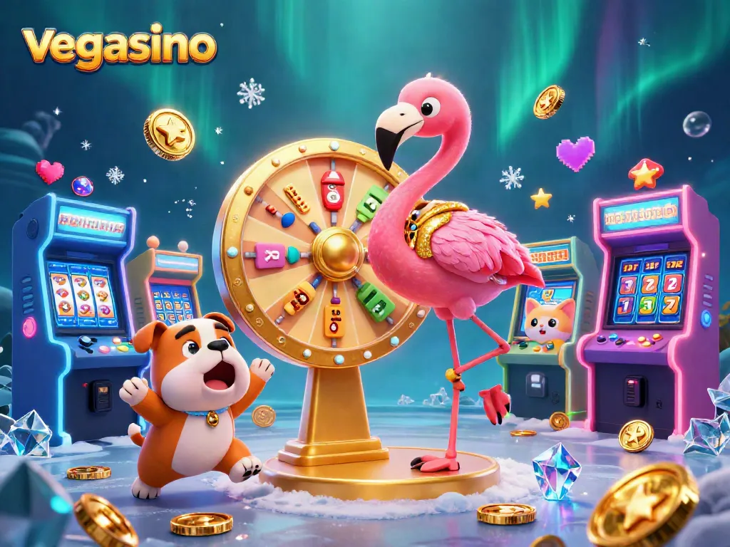 Engage with the vibrant world of vegasino through a dynamic casino game scene featuring a flamingo host and exciting visuals.