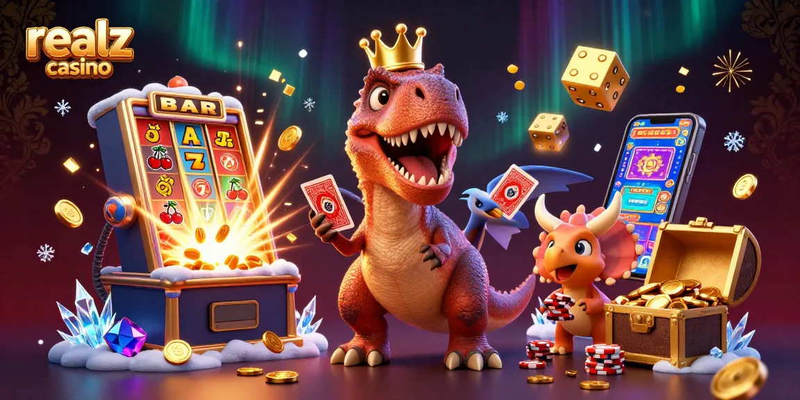Experience the excitement of realz casino with a vibrant 3D scene featuring dinosaurs stacking chips and shuffling cards.
