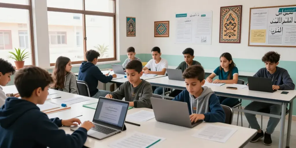 Arabisch lernen in Marokko mit interaktiven Unterrichtsmethoden in einem modernen Klassenzimmer.