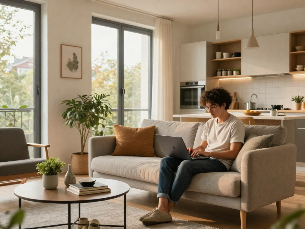 Monteurzimmer mieten Hannover - modernes Apartment mit Küchenzeile und gemütlicher Sitzecke.