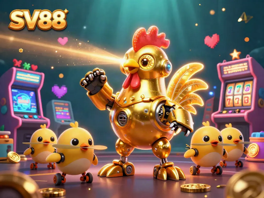 Engage in thrilling gameplay at SV88 with vibrant arcade elements and a futuristic golden rooster robot.
