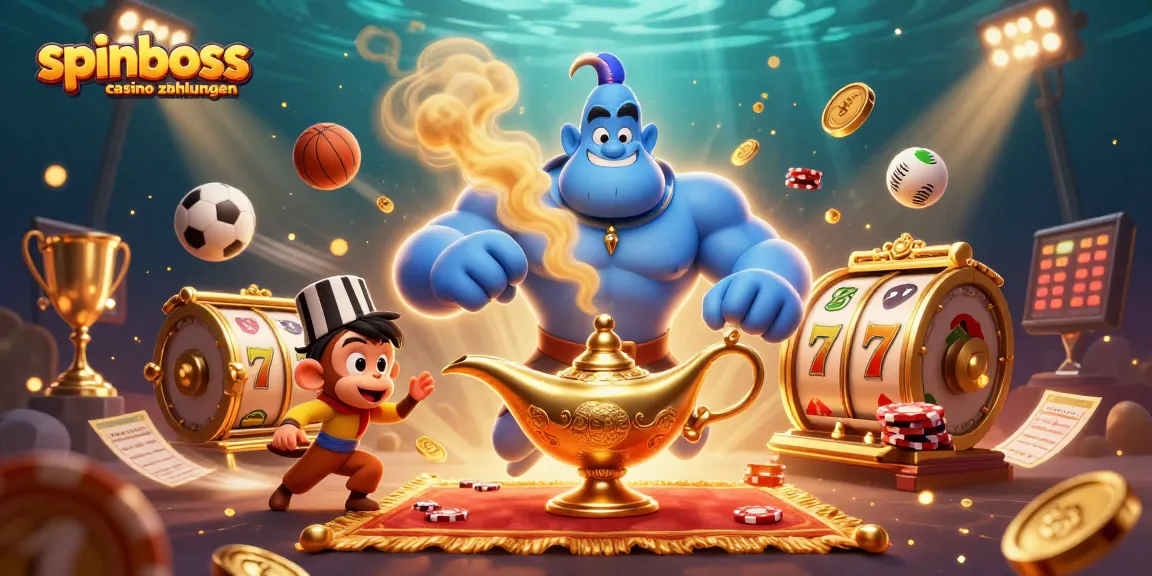 Erleben Sie SpinBoss Casino Zahlungen in Aktion: Ein zauberhaftes Spielumfeld mit Genie und Glückssymbolen.
